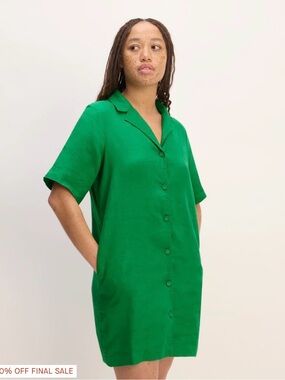 Everlane Bright Green Button-Front Mini Dress Linen Blend W/ Pockets Collar
